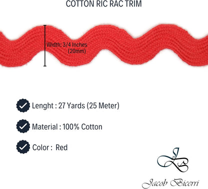 Cotton RIC Rac Trim - 3/4 Inch - 27 Yards - Wave Bending Fringe Trim Cotton Lace Ribbon RIC Rac Trim for Sewing Clothes Gift Wrapping Home Party Decoration CTR0208, Red