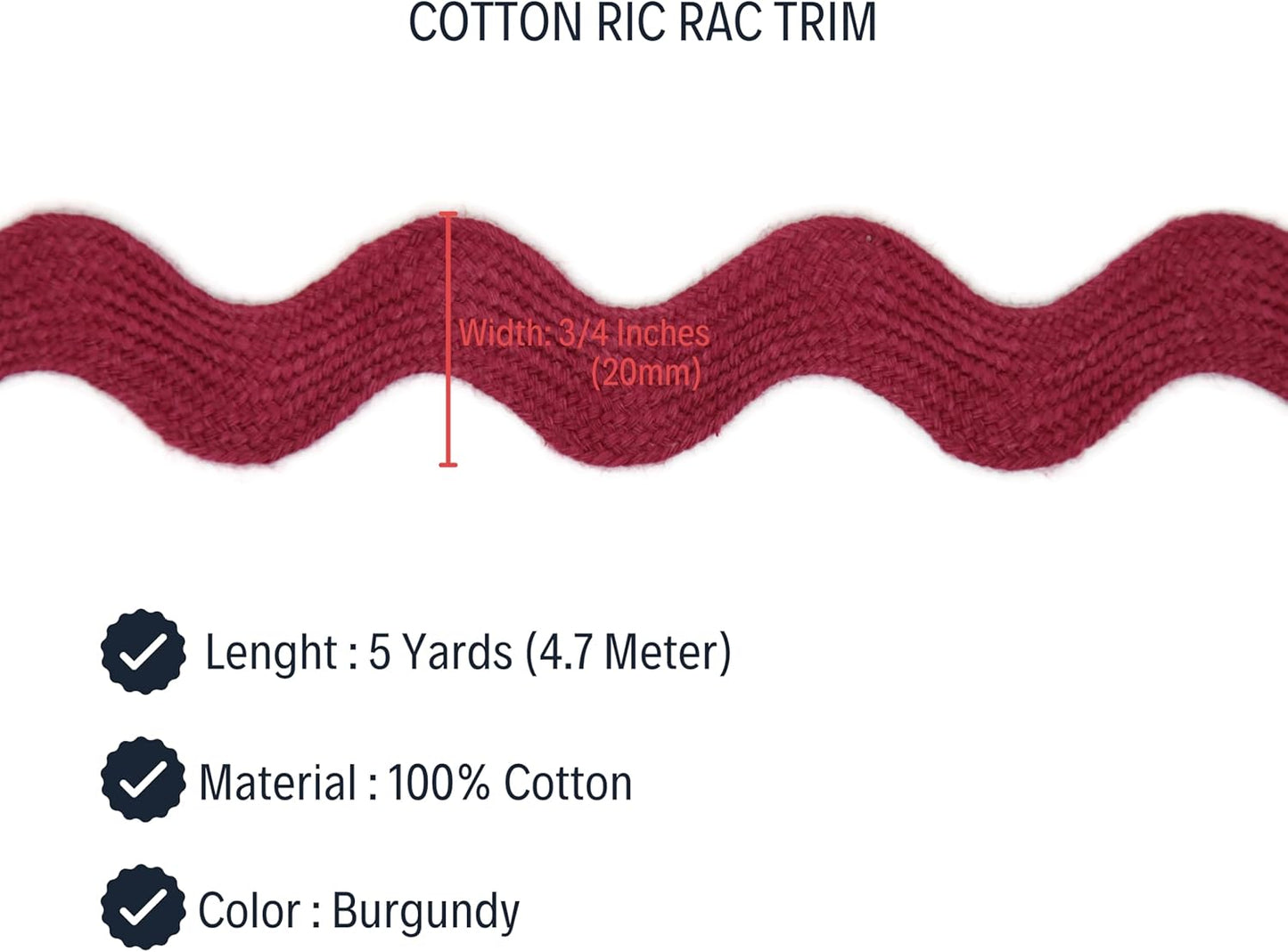 100% Cotton Burgundy Striped Ric Rac Trim - 5 Yards - Classic & Traditional Style - Wedding Occasion - Perfect for Clothing, Home Decor & Craft Projects