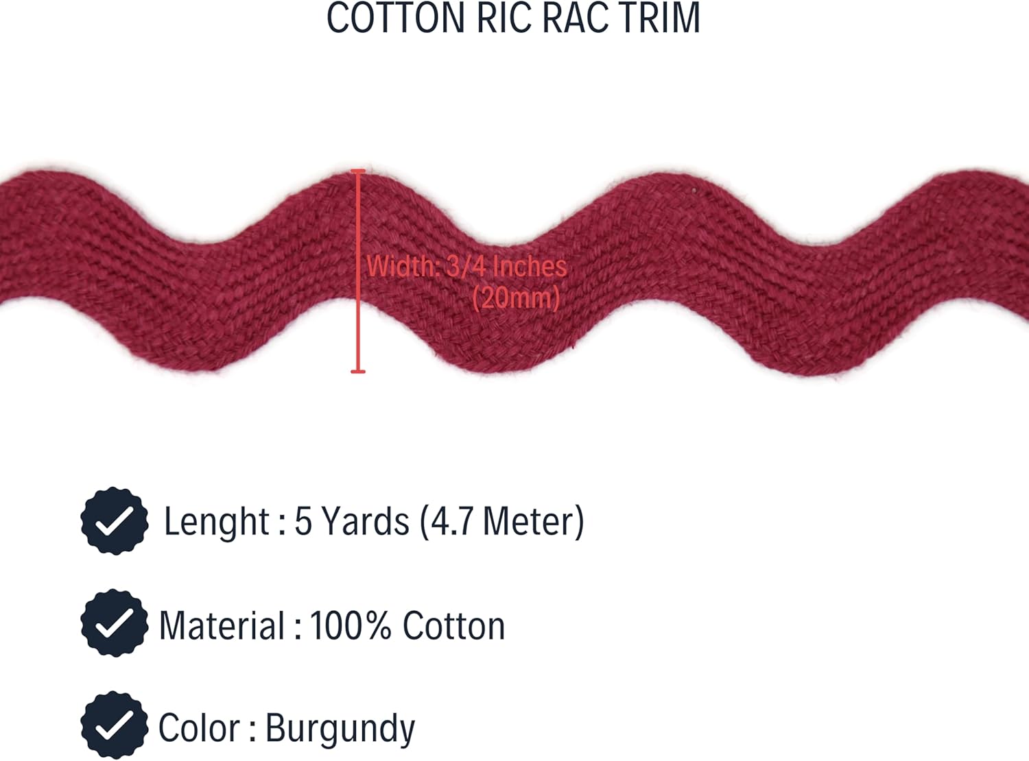 100% Cotton Burgundy Striped Ric Rac Trim - 5 Yards - Classic & Traditional Style - Wedding Occasion - Perfect for Clothing, Home Decor & Craft Projects