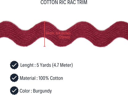 100% Cotton Burgundy Striped Ric Rac Trim - 5 Yards - Classic & Traditional Style - Wedding Occasion - Perfect for Clothing, Home Decor & Craft Projects