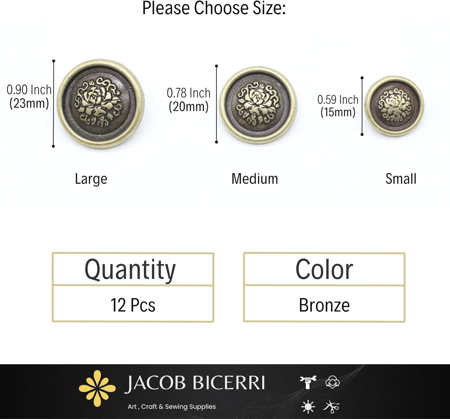 Bronze Metal Shank Buttons - 12 Pcs - 3 Size Options - Floral Round Metal Shank Buttons for Men Women Blazer Coat Uniform Shirt Suit and Jacket Sewing Craft DIY N17901