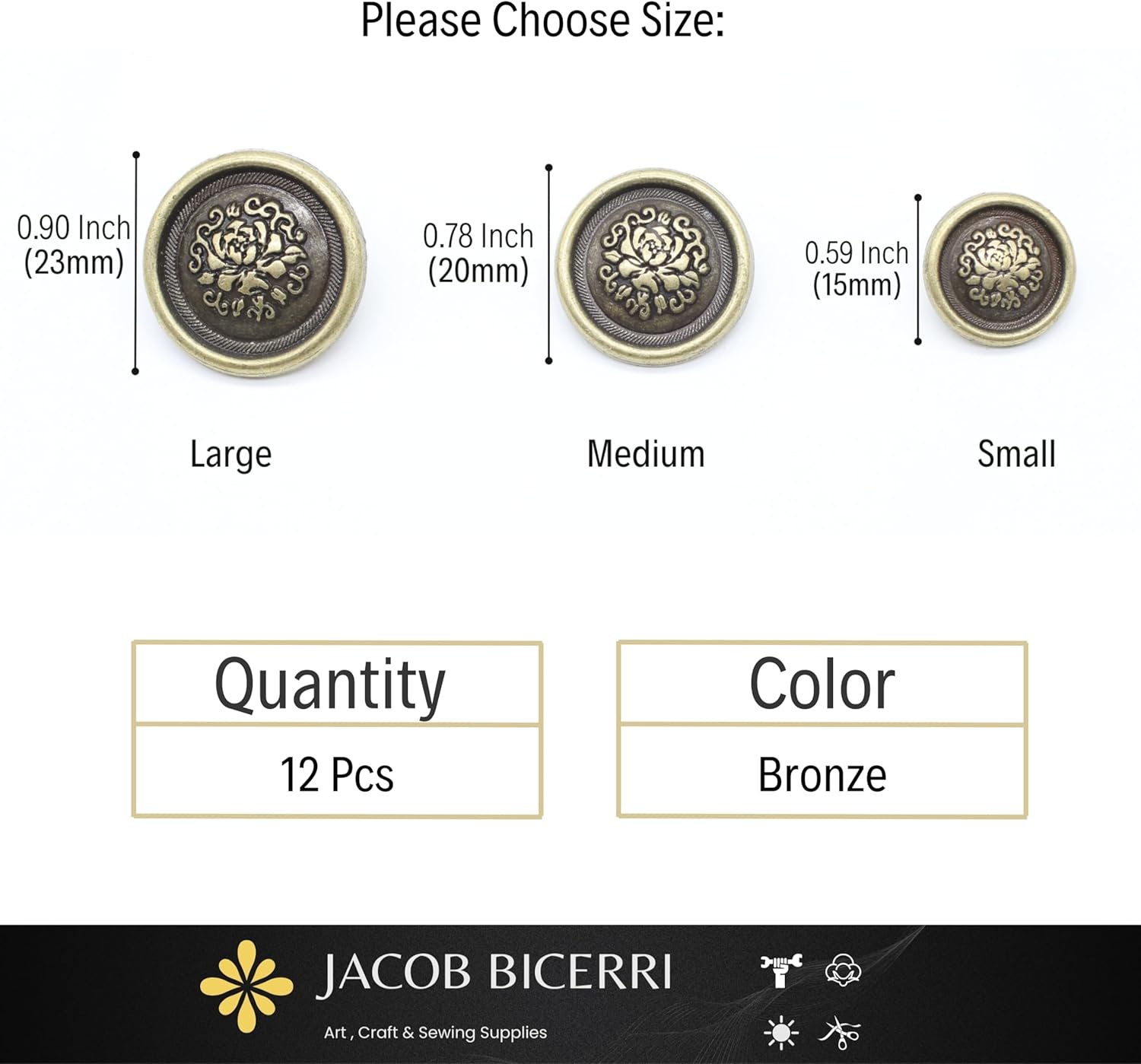 Bronze Metal Shank Buttons - 12 Pcs - 3 Size Options - Floral Round Metal Shank Buttons for Men Women Blazer Coat Uniform Shirt Suit and Jacket Sewing Craft DIY N17901