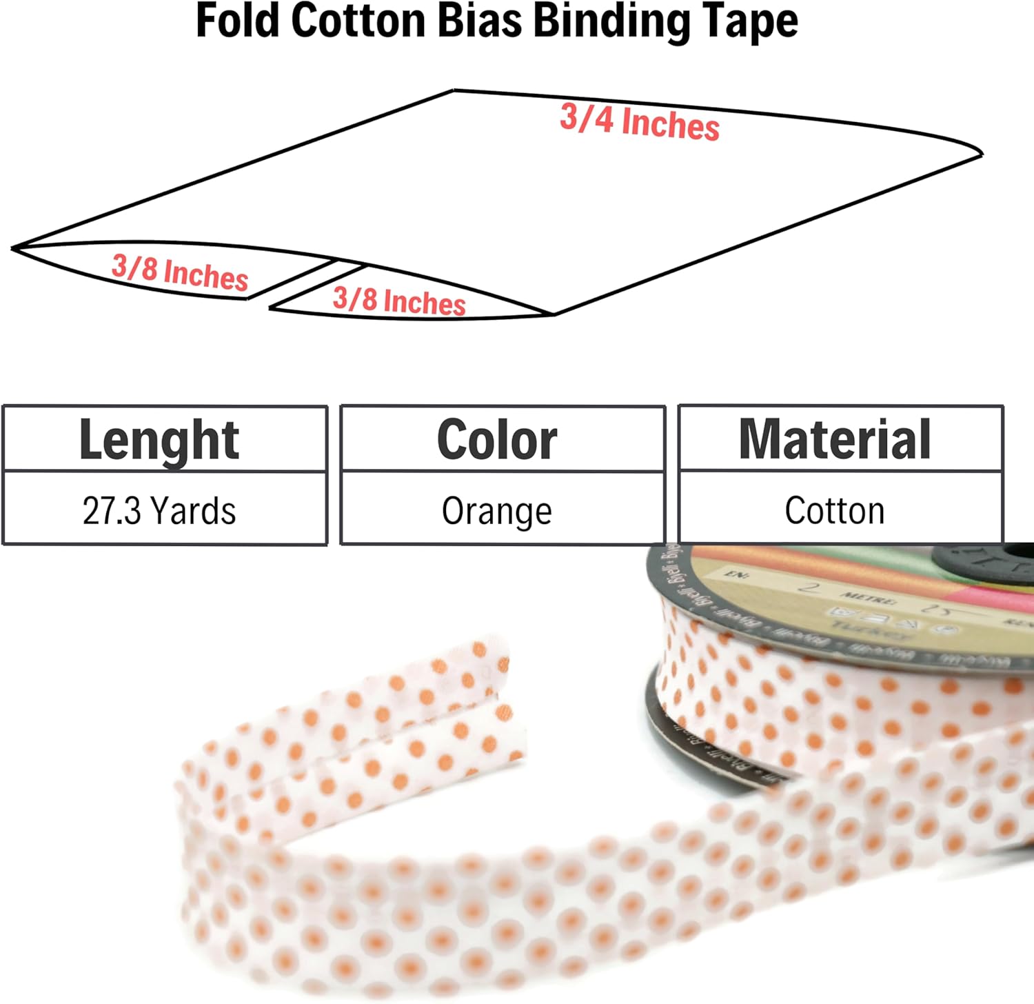Cotton Fold Bias Binding Tape - 3/4 Inches (20mm) Wide - 27 Yards - Polka Dots Single Fold Cotton Fold Bias Binding Tape for Sewing Clothing DIY Orange B6
