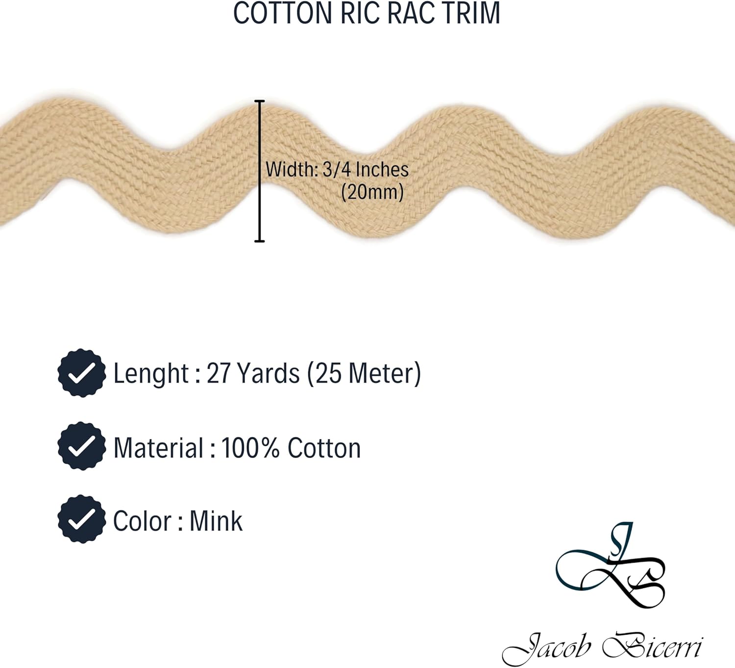 Cotton RIC Rac Trim - 3/4 Inch - 27 Yards - Wave Bending Fringe Trim Cotton Lace Ribbon RIC Rac Trim for Sewing Clothes Gift Wrapping Home Party Decoration CTR0214, Mink