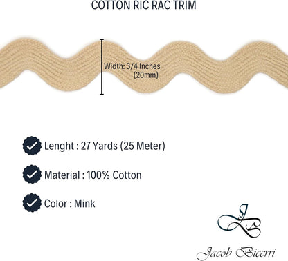 Cotton RIC Rac Trim - 3/4 Inch - 27 Yards - Wave Bending Fringe Trim Cotton Lace Ribbon RIC Rac Trim for Sewing Clothes Gift Wrapping Home Party Decoration CTR0214, Mink