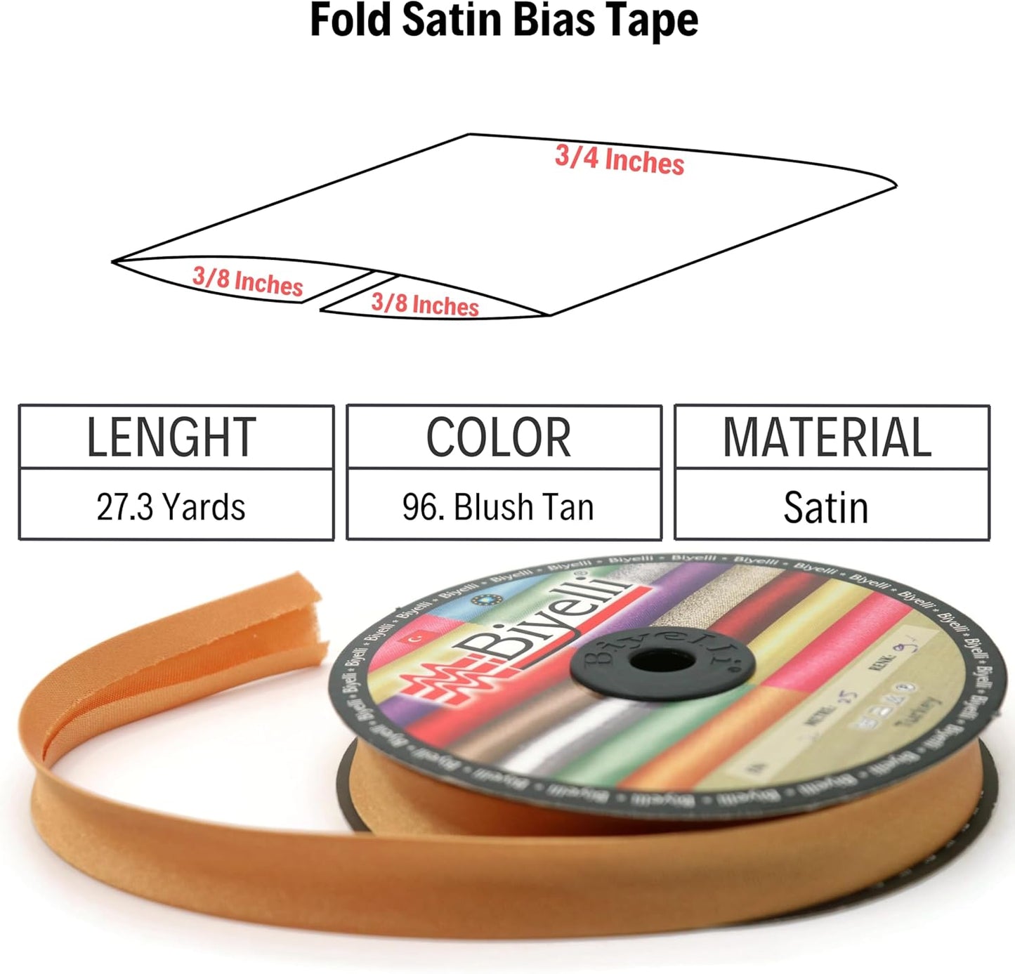 Fold Satin Bias Tape - 99+ Colors - 3/4 Inches Wide - 27 Yards - Fold Satin Binding Bias Ribbon Fabric Piping Bias Binding Tape for Sewing Clothing DIY (96. Blush Tan) BYS96