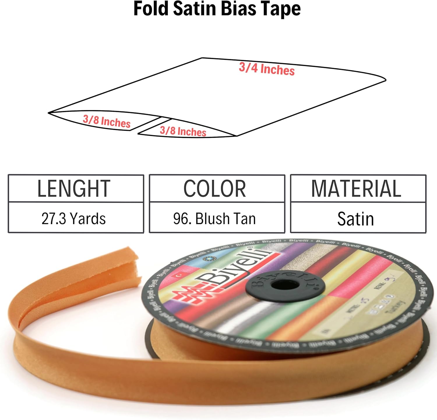 Fold Satin Bias Tape - 99+ Colors - 3/4 Inches Wide - 27 Yards - Fold Satin Binding Bias Ribbon Fabric Piping Bias Binding Tape for Sewing Clothing DIY (96. Blush Tan) BYS96