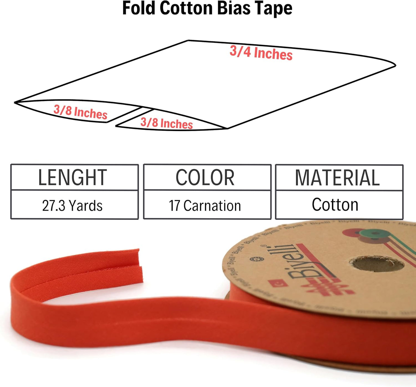 Cotton Fold Bias Tape - 3/4 Inches (20mm) Wide - 27 Yards - 65+ Colors - Single Fold Cotton Fold Bias Binding Tape for Sewing Clothing DIY (17. Carnation) D17