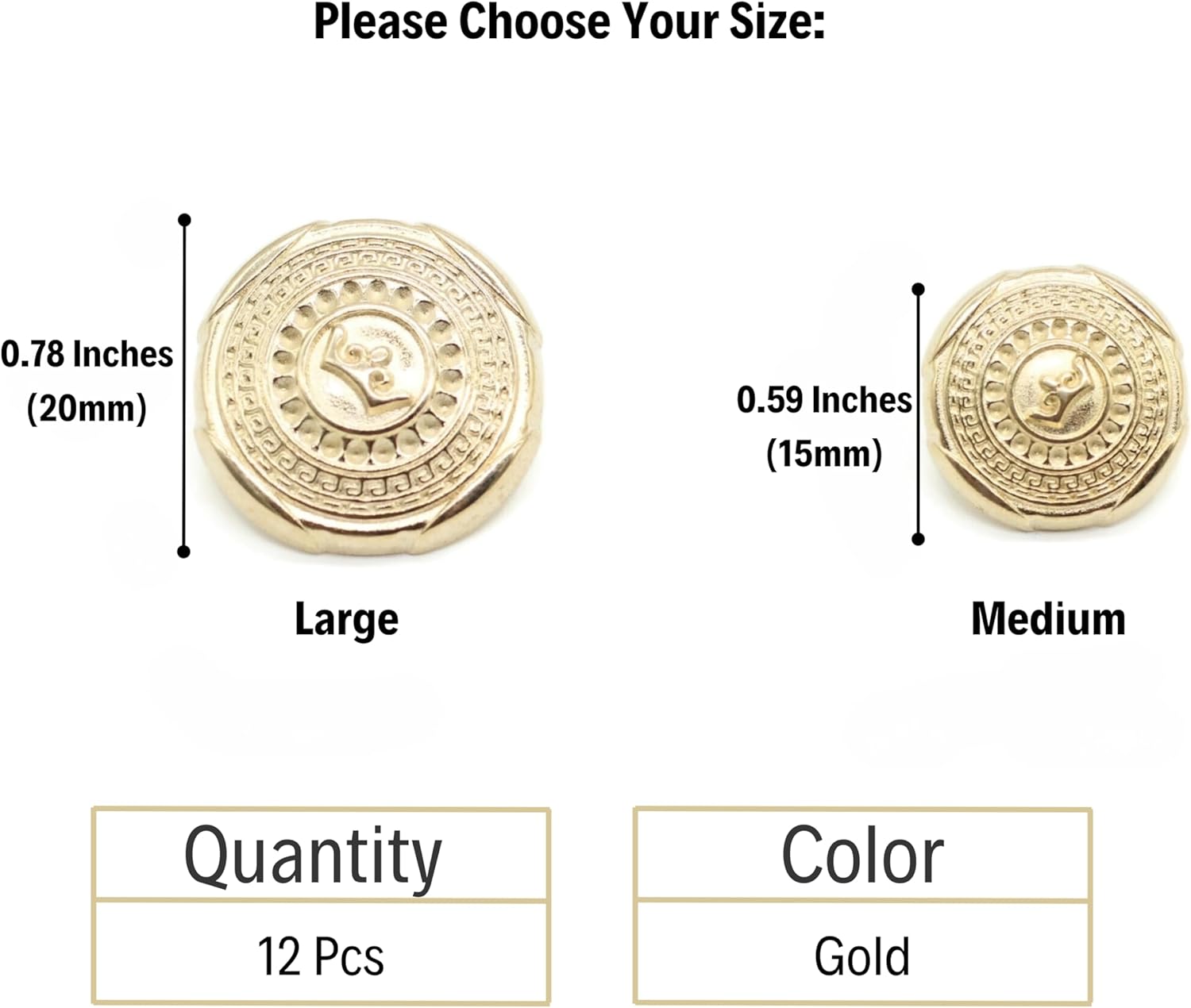 Gold Metal Shank Buttons - 12 Pcs - 2 Size Options - Luxury Kingdom Crown Round Metal Shank Buttons for Men Women Blazer Coat Uniform Shirt Suit and Jacket Sewing Craft DIY N0702