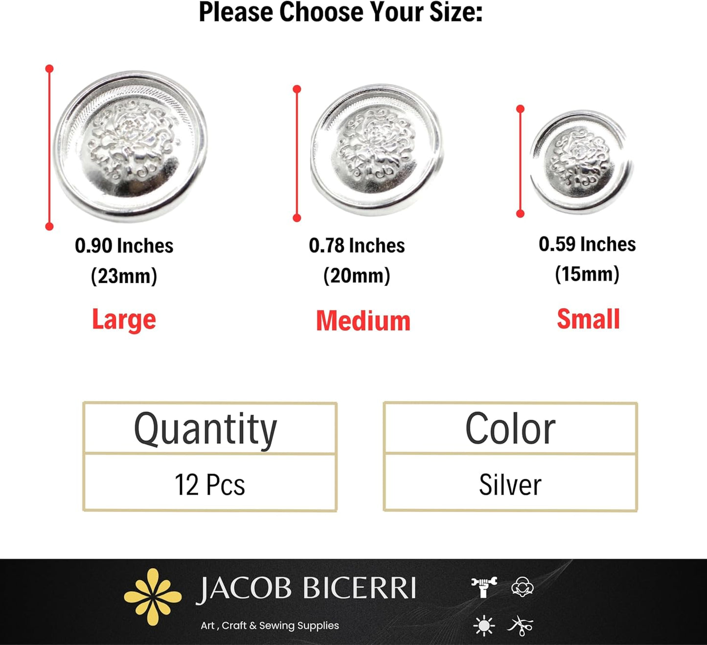 Silver Metal Shank Buttons - 12 Pcs - 3 Size Options - Floral Round Metal Shank Buttons for Men Women Blazer Coat Uniform Shirt Suit and Jacket Sewing Craft DIY N6902