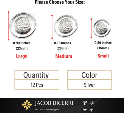 Silver Metal Shank Buttons - 12 Pcs - 3 Size Options - Floral Round Metal Shank Buttons for Men Women Blazer Coat Uniform Shirt Suit and Jacket Sewing Craft DIY N6902