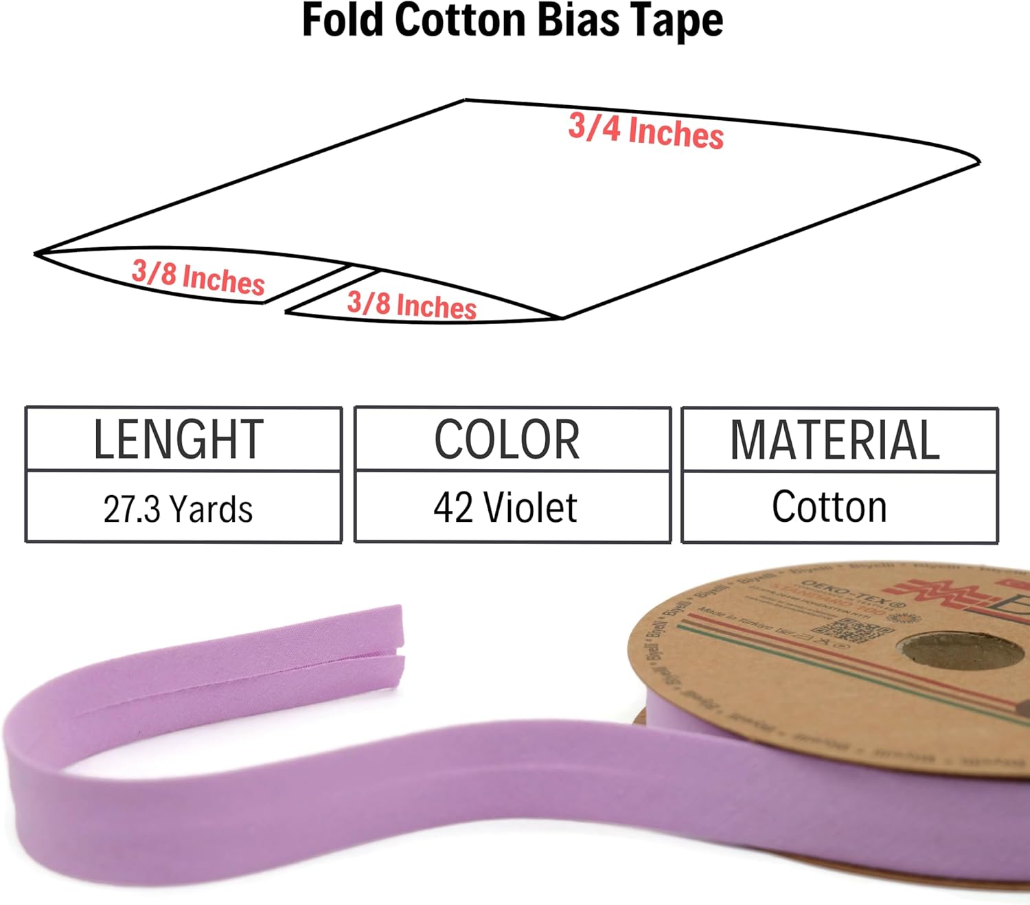 Cotton Fold Bias Tape - 3/4 Inches (20mm) Wide - 27 Yards - 65+ Colors - Single Fold Cotton Fold Bias Binding Tape for Sewing Clothing DIY (42. Violet) D42