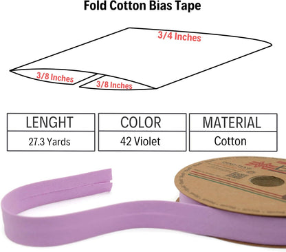 Cotton Fold Bias Tape - 3/4 Inches (20mm) Wide - 27 Yards - 65+ Colors - Single Fold Cotton Fold Bias Binding Tape for Sewing Clothing DIY (42. Violet) D42