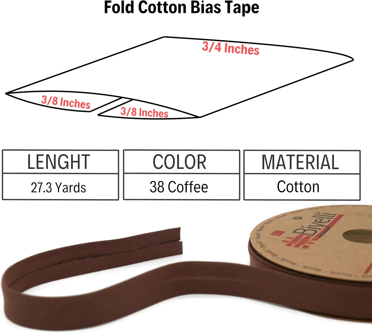 Cotton Fold Bias Tape - 3/4 Inches (20mm) Wide - 27 Yards - 65+ Colors - Single Fold Cotton Fold Bias Binding Tape for Sewing Clothing DIY (38. Coffee) D38