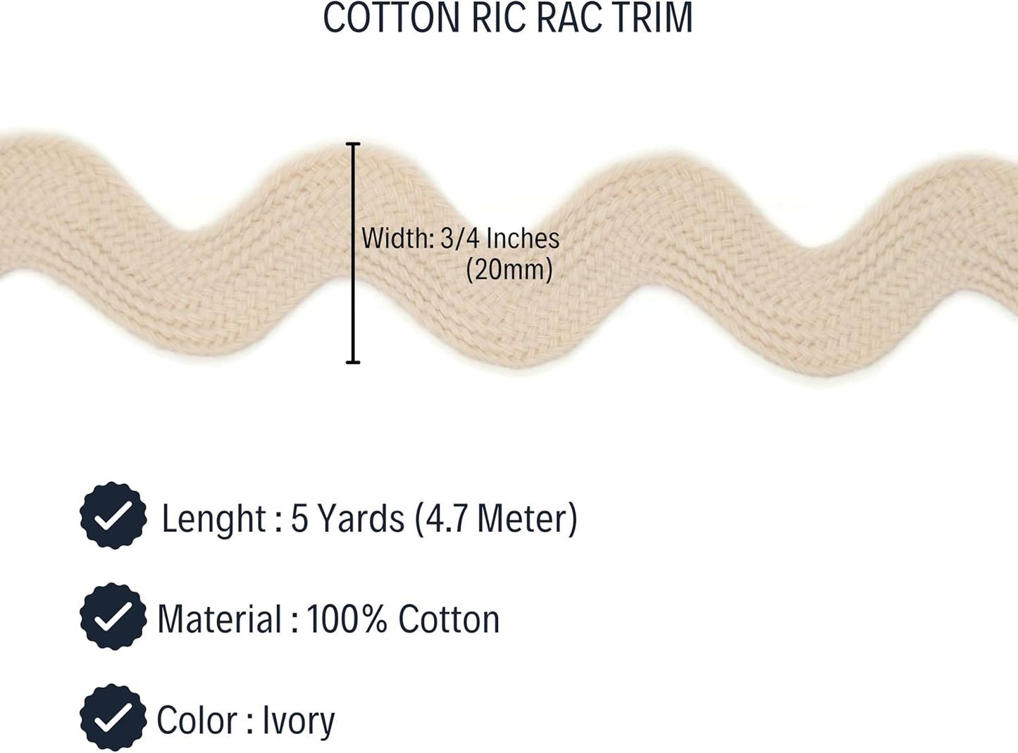 Cotton RIC Rac Trim - 3/4 Inch - 5 Yards - Wave Bending Fringe Lace Ribbon for Sewing Clothes, Gift Wrapping, Home Party Decoration CTR02145