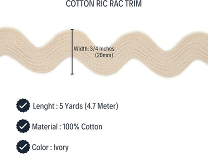 Cotton RIC Rac Trim - 3/4 Inch - 5 Yards - Wave Bending Fringe Lace Ribbon for Sewing Clothes, Gift Wrapping, Home Party Decoration CTR02145
