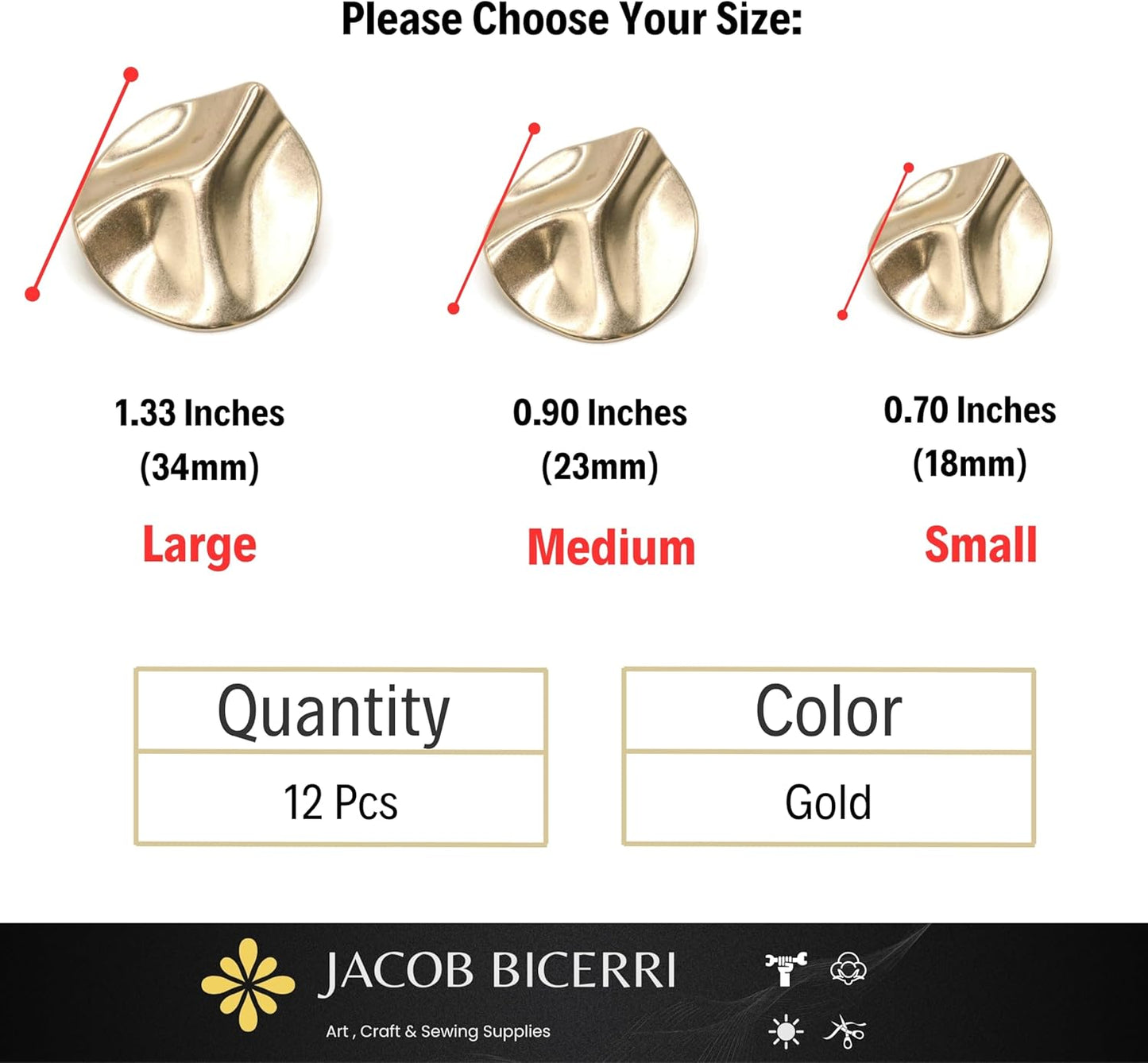 Gold Metal Shank Buttons - 12 Pcs - 3 Size Options - Wavy Irregular Metal Shank Buttons Large for Men Women Blazer Coat Uniform Shirt Suit and Jacket Sewing Craft DIY EM16403