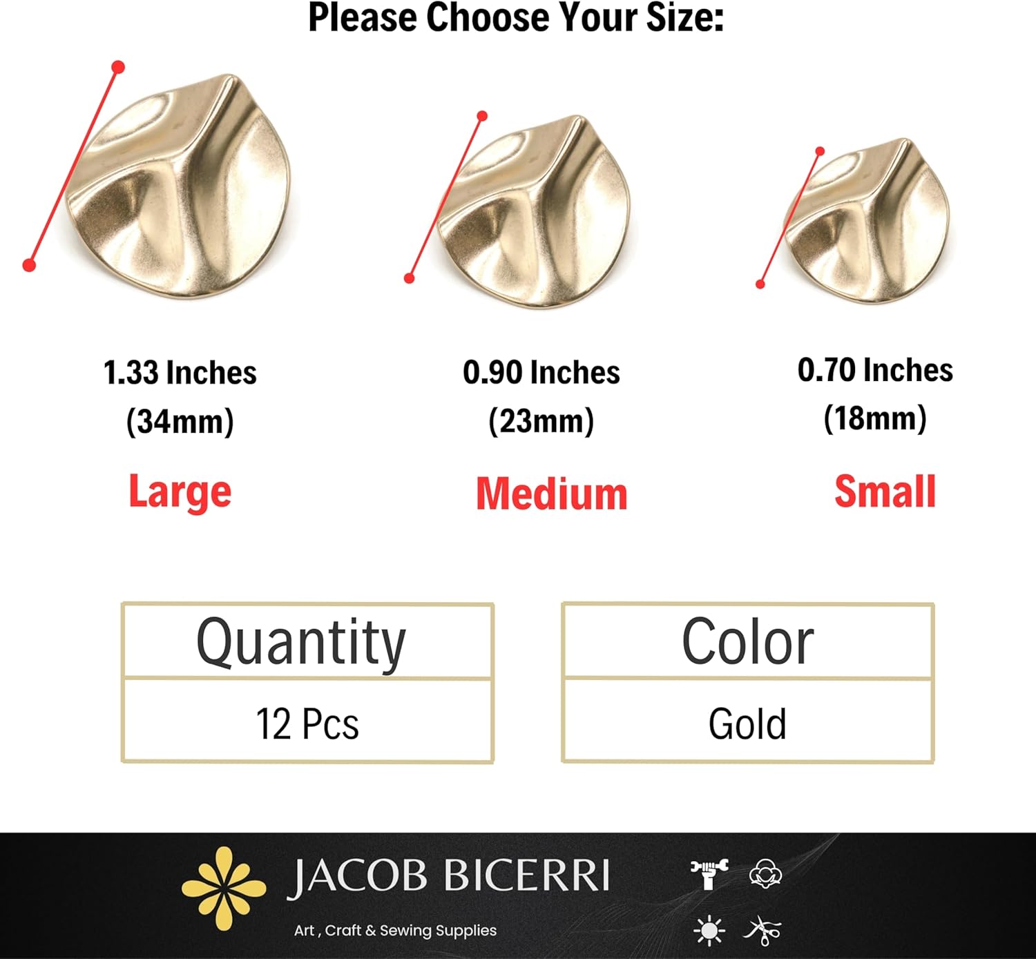 Gold Metal Shank Buttons - 12 Pcs - 3 Size Options - Wavy Irregular Metal Shank Buttons Large for Men Women Blazer Coat Uniform Shirt Suit and Jacket Sewing Craft DIY EM16403