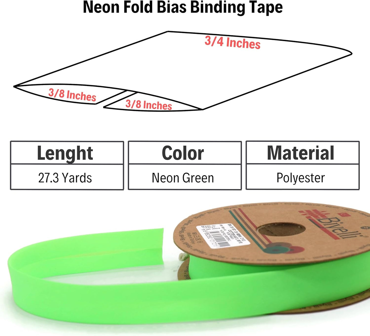Fold Neon Bias Binding Tape - 99+ Colors - 3/4 Inches Wide - 27 Yards - Fold Neon Binding Bias Ribbon Fabric Piping Bias Binding Tape for Sewing Clothing DIY Green D103
