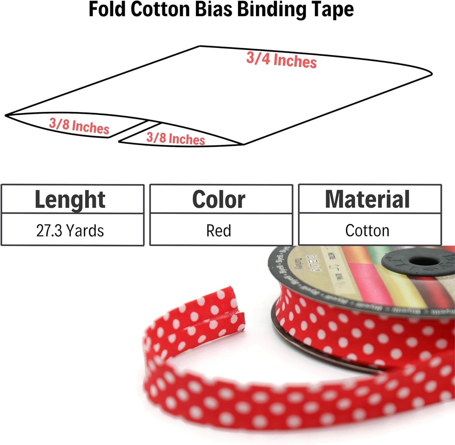 Cotton Fold Bias Binding Tape - 3/4 Inches (20mm) Wide - 27 Yards - Polka Dots Single Fold Cotton Fold Bias Binding Tape for Sewing Clothing DIY Red A17