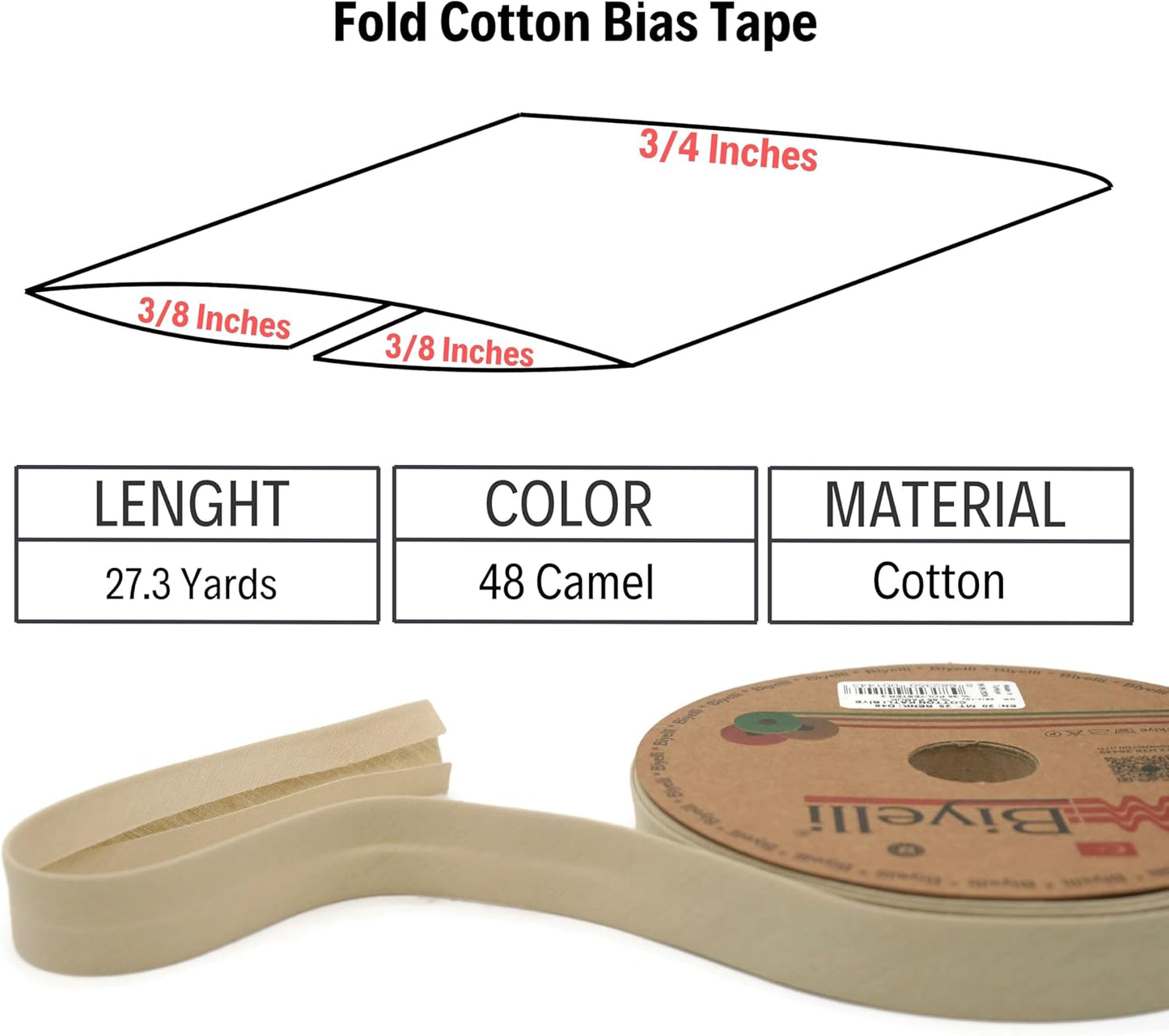 Cotton Fold Bias Tape - 3/4 Inches (20mm) Wide - 27 Yards - 65+ Colors - Single Fold Cotton Fold Bias Binding Tape for Sewing Clothing DIY (48. Camel) D48