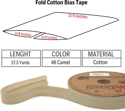 Cotton Fold Bias Tape - 3/4 Inches (20mm) Wide - 27 Yards - 65+ Colors - Single Fold Cotton Fold Bias Binding Tape for Sewing Clothing DIY (48. Camel) D48