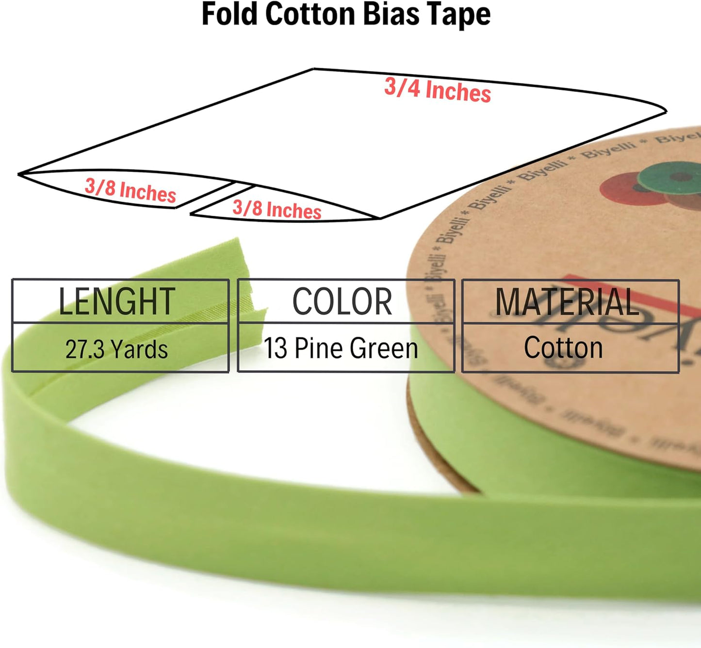 Cotton Fold Bias Tape - 3/4 Inches (20mm) Wide - 27 Yards - 65+ Colors - Single Fold Cotton Fold Bias Binding Tape for Sewing Clothing DIY (13. Pine Green) D13