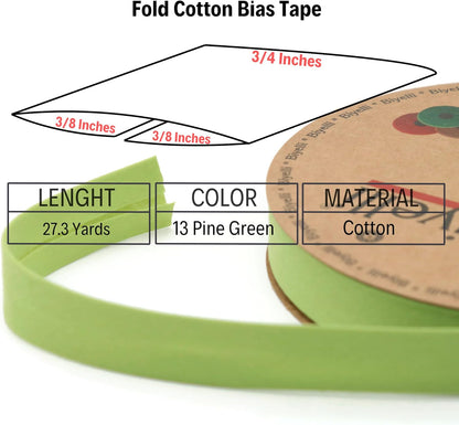 Cotton Fold Bias Tape - 3/4 Inches (20mm) Wide - 27 Yards - 65+ Colors - Single Fold Cotton Fold Bias Binding Tape for Sewing Clothing DIY (13. Pine Green) D13