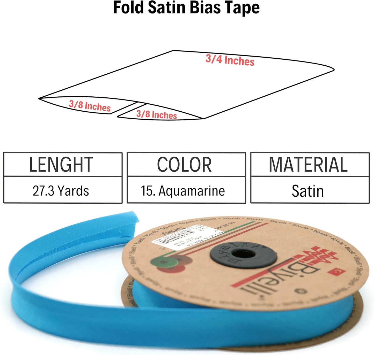 Fold Satin Bias Tape - 99+ Colors - 3/4 Inches Wide - 27 Yards - Fold Satin Binding Bias Ribbon Fabric Piping Bias Binding Tape for Sewing Clothing DIY Aquamarine BYS15