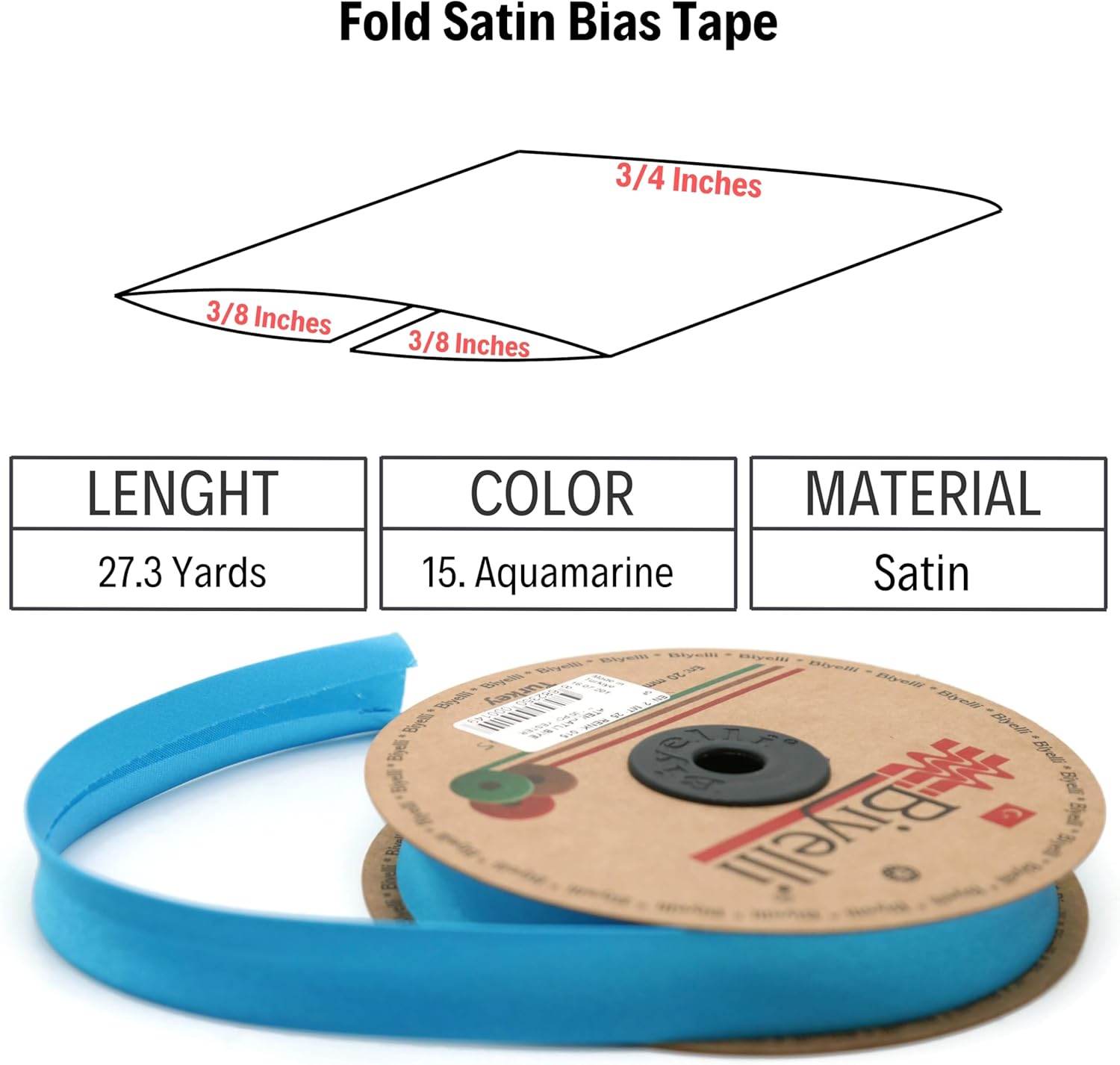 Fold Satin Bias Tape - 99+ Colors - 3/4 Inches Wide - 27 Yards - Fold Satin Binding Bias Ribbon Fabric Piping Bias Binding Tape for Sewing Clothing DIY Aquamarine BYS15