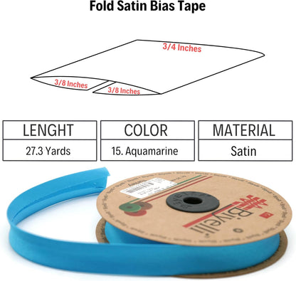 Fold Satin Bias Tape - 99+ Colors - 3/4 Inches Wide - 27 Yards - Fold Satin Binding Bias Ribbon Fabric Piping Bias Binding Tape for Sewing Clothing DIY Aquamarine BYS15