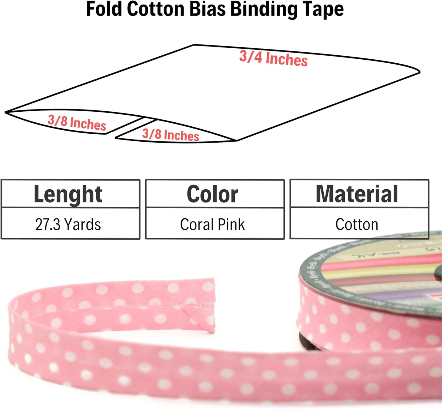 Cotton Fold Bias Binding Tape - 3/4 Inches (20mm) Wide - 27 Yards - Polka Dots Single Fold Cotton Fold Bias Binding Tape for Sewing Clothing DIY Coral Pink A16