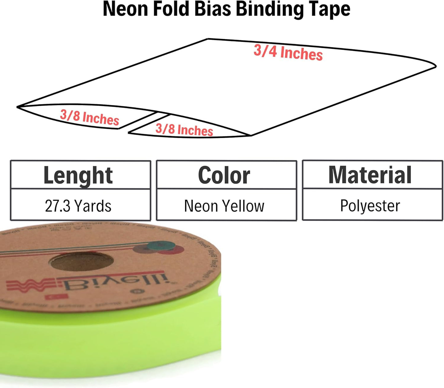 Fold Neon Bias Binding Tape - 99+ Colors - 3/4 Inches Wide - 27 Yards - Fold Neon Binding Bias Ribbon Fabric Piping Bias Binding Tape for Sewing Clothing DIY Yellow D101