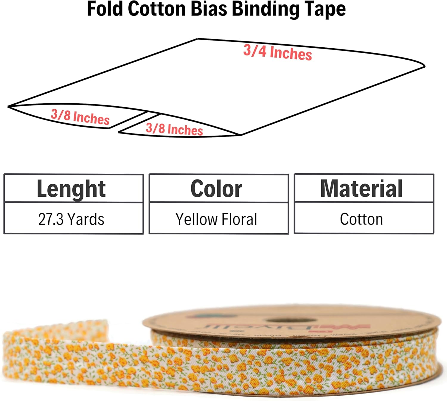 Cotton Fold Bias Binding Tape - 3/4 Inches (20mm) Wide - 27 Yards - Floral Single Fold Cotton Fold Bias Binding Tape for Sewing Clothing DIY Yellow A3
