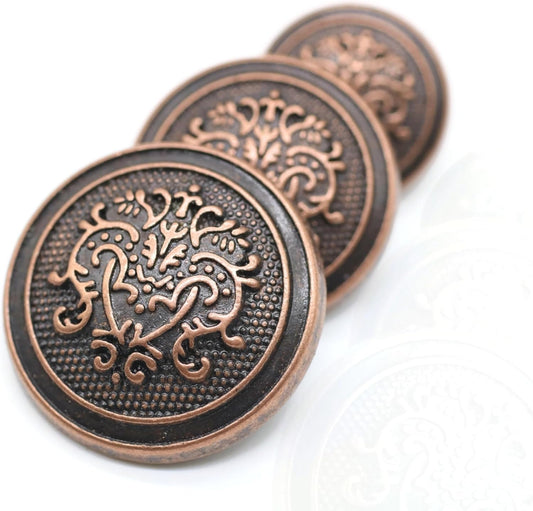 Antique Copper Metal Shank Buttons - 12 Pcs - 3 Size Options - Floral Round Metal Shank Buttons Vintage for Men Women Blazer Coat Uniform Shirt Suit and Jacket Sewing Craft DIY N20603