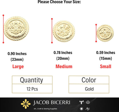 Gold Metal Shank Buttons - 12 Pcs - 3 Size Options - The Horse of Kingdom Round Metal Shank Buttons for Men Women Blazer Coat Uniform Shirt Suit and Jacket Sewing Craft DIY N4703