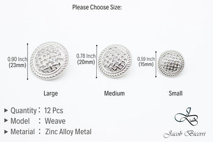 Weave Silver Metal Shank Buttons - 12 Pcs - 3 Size Options - Luxury Weave Metal Shank Buttons for Men Women Blazer Coat Uniform Shirt Suit and Jacket Sewing Craft DIY WE5243…
