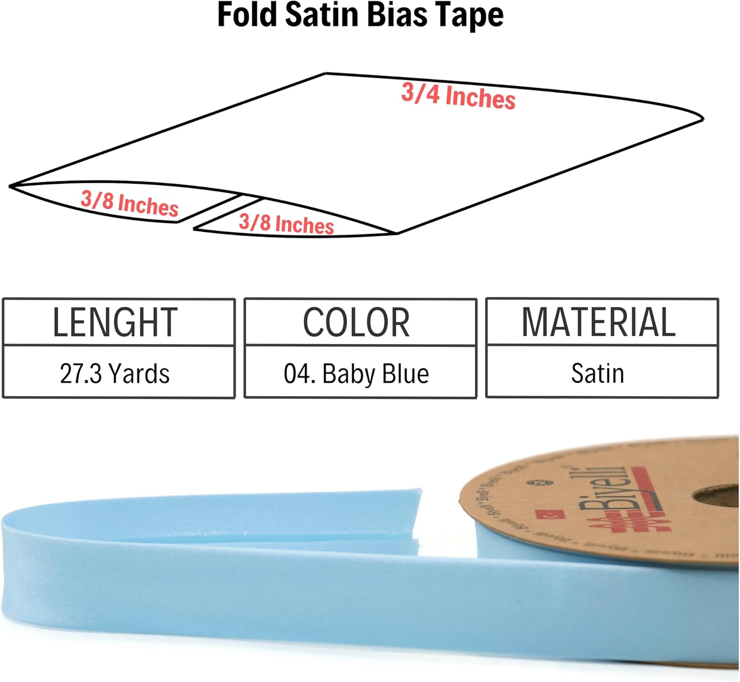 Fold Satin Bias Tape - 99+ Colors - 3/4 Inches Wide - 27 Yards - Fold Satin Binding Bias Ribbon Fabric Piping Bias Binding Tape for Sewing Clothing DIY (11. Baby Blue) BYS04