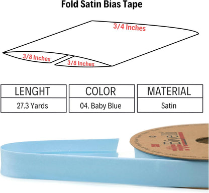 Fold Satin Bias Tape - 99+ Colors - 3/4 Inches Wide - 27 Yards - Fold Satin Binding Bias Ribbon Fabric Piping Bias Binding Tape for Sewing Clothing DIY (11. Baby Blue) BYS04