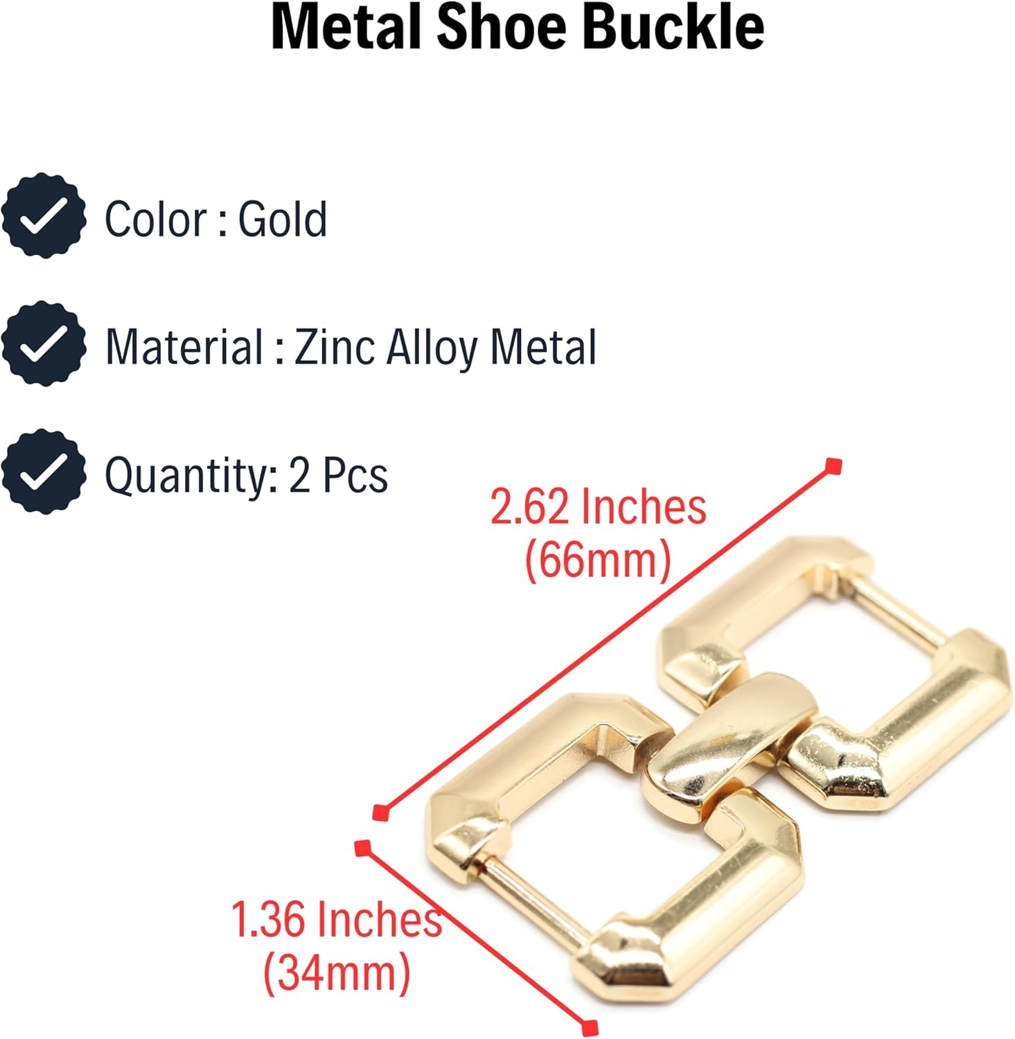 Metal Shoe Buckle - 2.62 Inch (66mm) - 2 Pcs - Gold Metal Shoe Buckle Shoelace Clips Metal Hinged Equestrian Buckles For Craft & Sewing Project BG2002