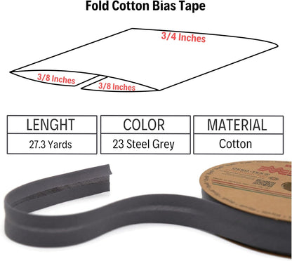 Cotton Fold Bias Tape - 3/4 Inches (20mm) Wide - 27 Yards - 65+ Colors - Single Fold Cotton Fold Bias Binding Tape for Sewing Clothing DIY (23. Steel Gray) D23