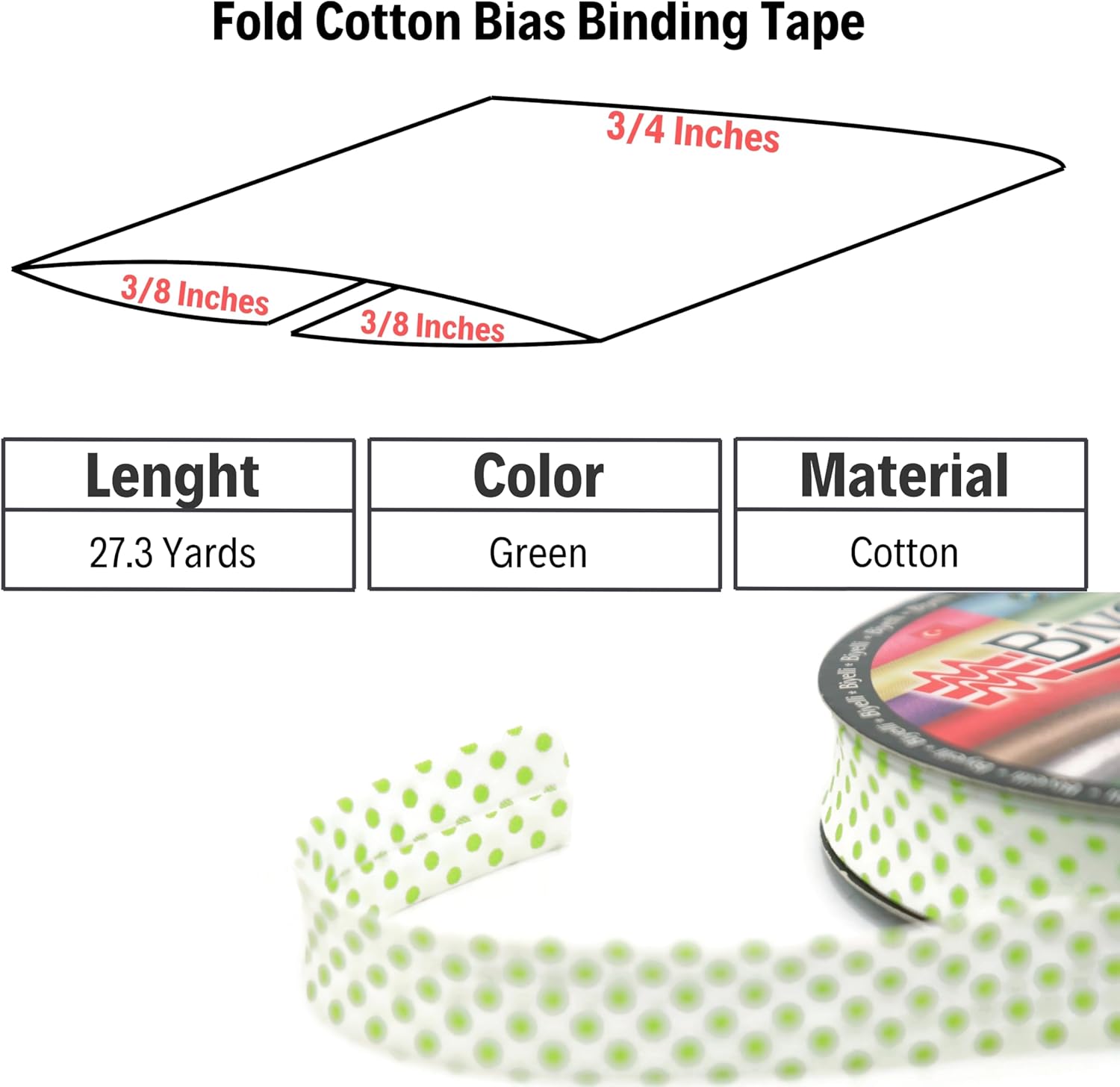 Cotton Fold Bias Binding Tape - 3/4 Inches (20mm) Wide - 27 Yards - Polka Dots Single Fold Cotton Fold Bias Binding Tape for Sewing Clothing DIY Green B5