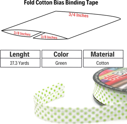 Cotton Fold Bias Binding Tape - 3/4 Inches (20mm) Wide - 27 Yards - Polka Dots Single Fold Cotton Fold Bias Binding Tape for Sewing Clothing DIY Green B5