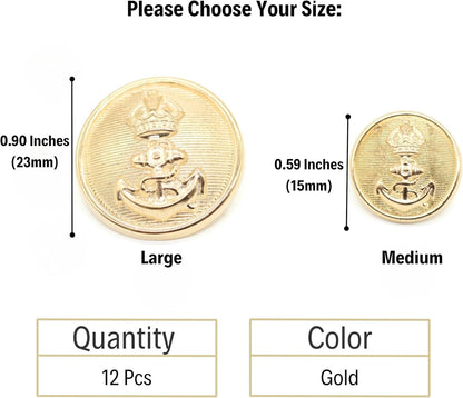 Gold Metal Shank Buttons - 12 Pcs - 2 Size Options - Luxury Anchor Round Metal Shank Buttons for Men Women Blazer Coat Uniform Shirt Suit and Jacket Sewing Craft DIY N1102