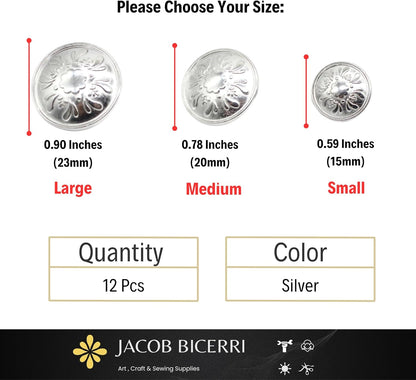 Silver Metal Shank Buttons - 12 Pcs - 3 Size Options - Floral Round Metal Shank Buttons for Men Women Blazer Coat Uniform Shirt Suit and Jacket Sewing Craft DIY N5801