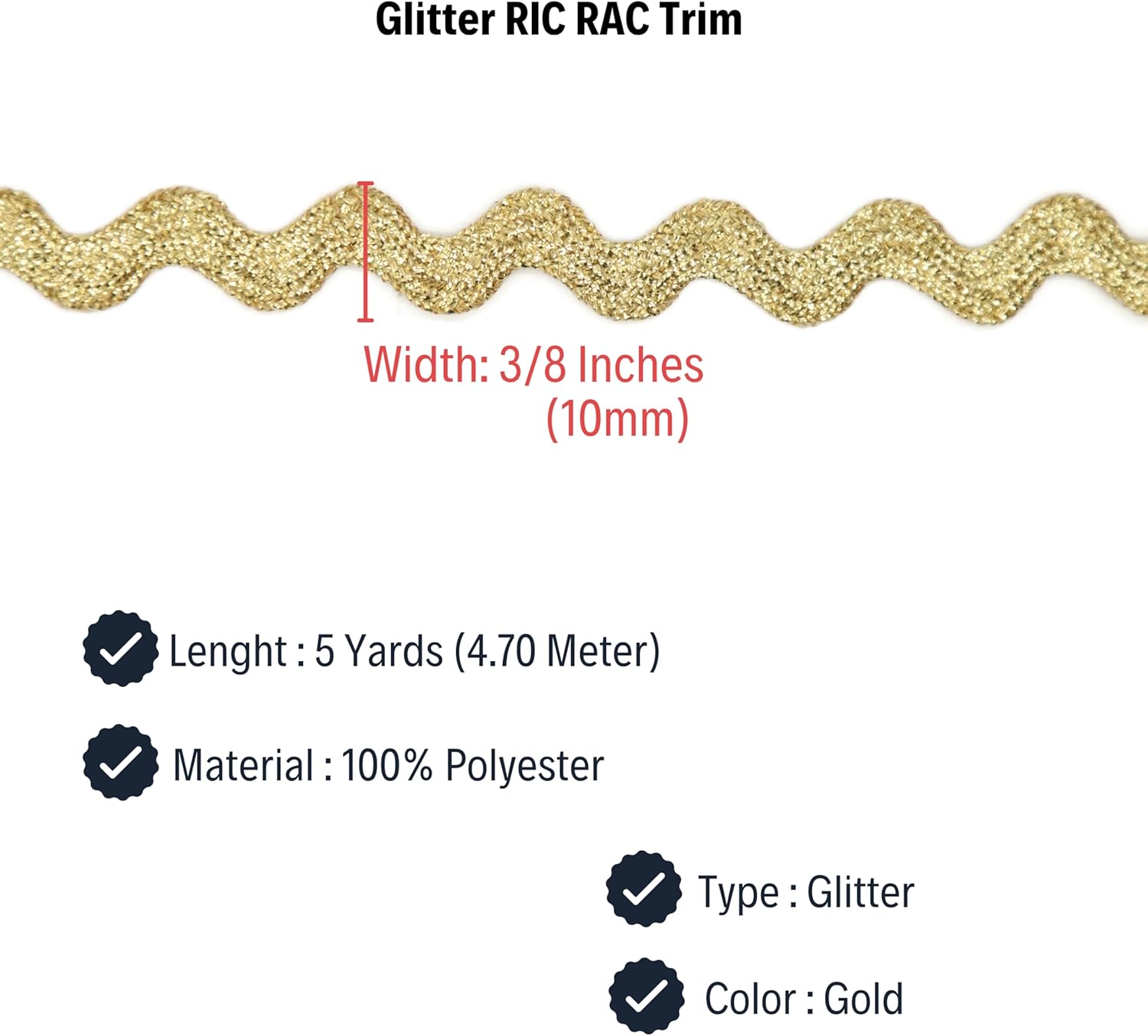 Glitter RIC Rac Trim - 3/8 Inch (10mm) - 5 Yards - Gold Wave Bending Fringe Trim Glitter Lace Ribbon RIC Rac Trim for Sewing Clothes Gift Wrapping Home Party Decoration GL0305