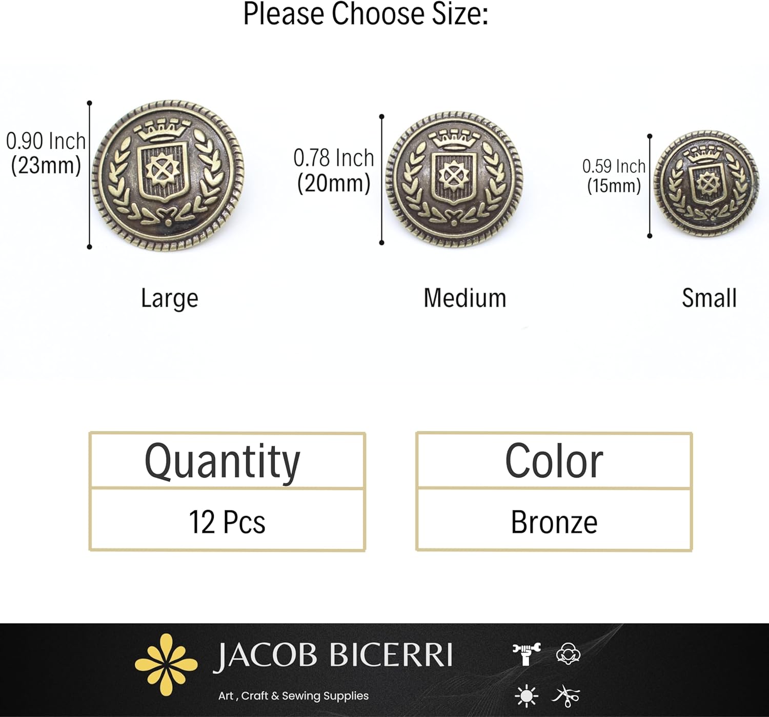 Bronze Metal Shank Buttons - 12 Pcs - 3 Size Options - Crown Floral Round Metal Shank Buttons for Men Women Blazer Coat Uniform Shirt Suit and Jacket Sewing Craft DIY N16703