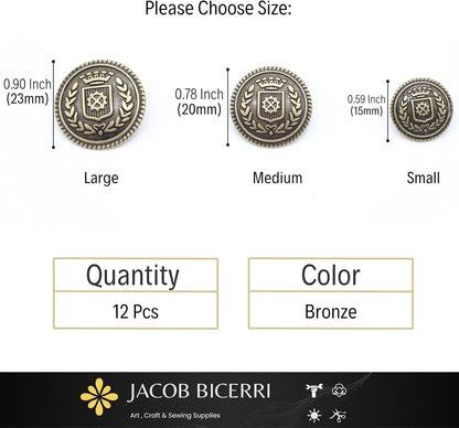 Bronze Metal Shank Buttons - 12 Pcs - 3 Size Options - Crown Floral Round Metal Shank Buttons for Men Women Blazer Coat Uniform Shirt Suit and Jacket Sewing Craft DIY N16703