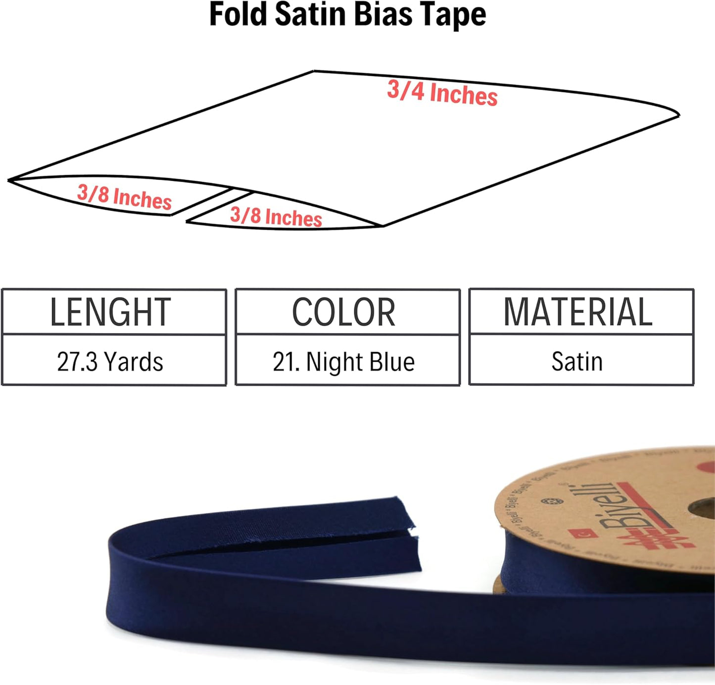 Fold Satin Bias Tape - 99+ Colors - 3/4 Inches Wide - 27 Yards - Fold Satin Binding Bias Ribbon Fabric Piping Bias Binding Tape for Sewing Clothing DIY (21. Night Blue) BYS21