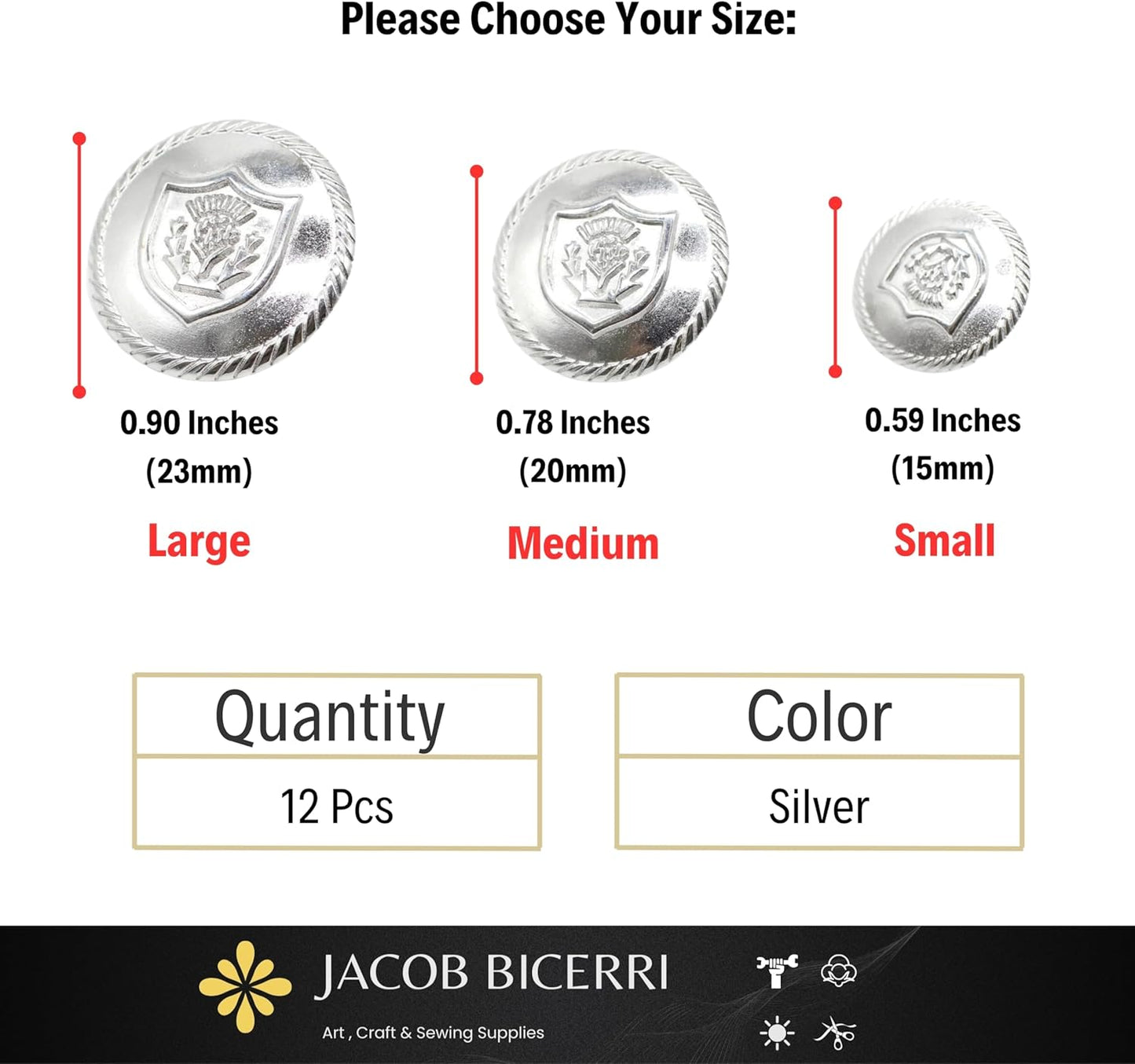 Silver Metal Shank Buttons - 12 Pcs - 3 Size Options - Floral Round Metal Shank Buttons for Men Women Blazer Coat Uniform Shirt Suit and Jacket Sewing Craft DIY N7801